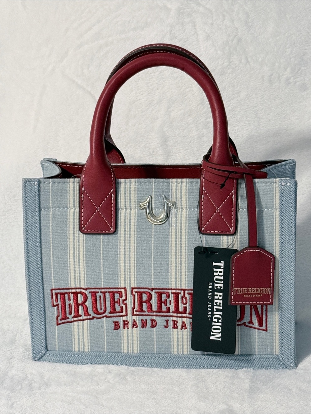 True Religion Small Striped Tote Bag in Light Blue with Red Handles